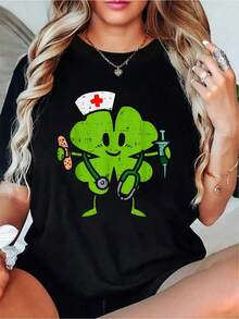 St Patricks Day Shamrock Nurse Saint Paddys Scrub Top Women Otton Printed T-Shirt For Summer, Soft Women's Short Sleeve Top, Fashionable And Comfortable Graphic Tee