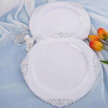 100pcs Silver Plastic Plates & White With Silver Disposable Plates & 10.25inch Silver Disposable Dinner Plates-Perfect For Picnic & Wedding & Party