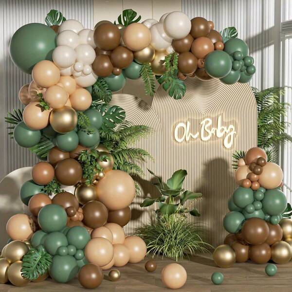Kit de guirnalda de globos de la selva con 115 piezas y hojas de palma metálicas - verde, marrón y dorado para fiestas temáticas salvajes, baby showers, bodas y decoración de fiestas en el hogar, decoraciones temáticas de la selva
