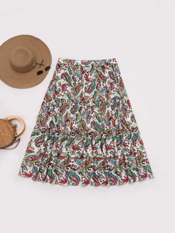 Gonna lunga casual con stampa paisley, orlo a volant, per taglie comode delle donne