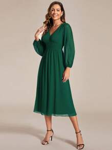 Rochii elegante de domnisoare de onoare verde închis, cu mânecă lungă, cu talie strânsă, din șifon, Rochie pentru invitați de nuntă - Verde inchis - Vizualizare 3