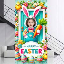 1pc Customized Easter Backdrop Banner, Adorable Rabbit Pattern, Happy Easter Text, Easter Party Decor, Daily Decoration, 70.8*35.4 Inches