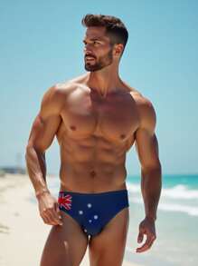 Fashion Men's Sexy Swimwear Briefs, Summer Beach Pool, Men's Quick Dry Flag Print Swimming Shorts, Swim Trunks, Men's Printed Bulge Triangle, Hawaiian