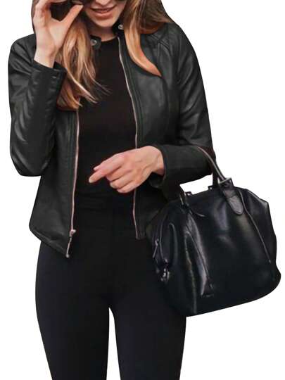 Women's Faux Leather Jacket, Slim Moto Biker Jacket Outerwear, Long Sleeve Zipper Short Jacket