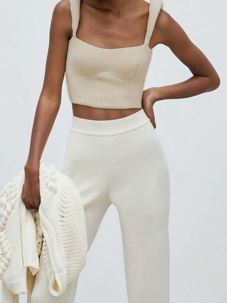 Womens Square Neck Tank Tops Fashion Sleeveless Solid Color Knit Tops Slim Fit Shirts - Khaki - View 1