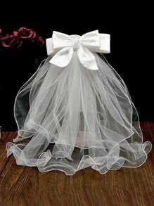 1件白色蝴蝶结新娘头纱，婚礼季，婚礼派对装饰，秋季女装，情人节配饰