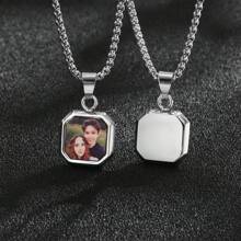 1 Stück personalisierte, farbige Foto- & Textgeometrische Anhänger-Halskette aus Edelstahl für Herren, individualisierbare Bilderhalskette, Edelstahlhalskette, individualisierbar, personalisierbare Namenshalskette, Abschluss, Valentinstag Geschenk für ihn, individuelles Foto, Vatertag, Lasergravur