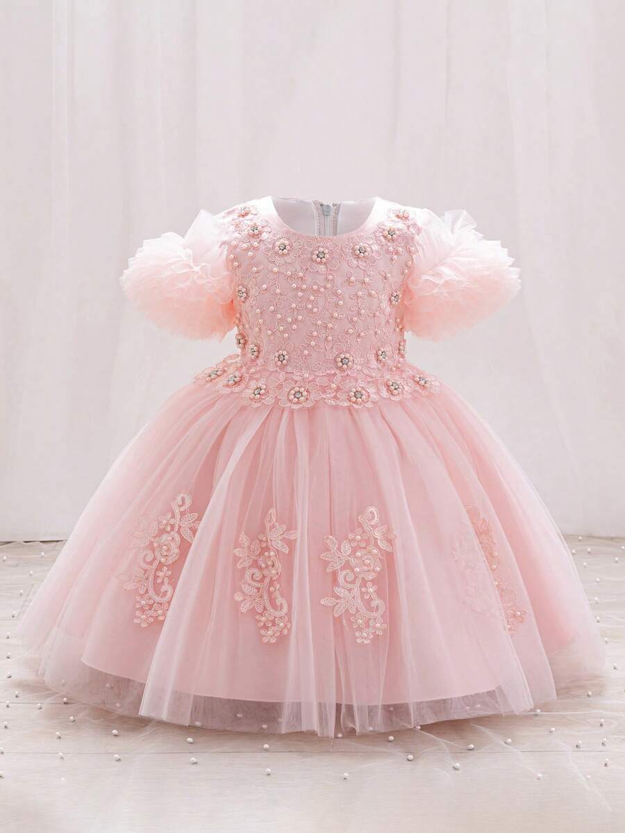H HIBOBI Girls 3D Pearl Floral Decor Party Dress, Short Sleeve Birthday Tulle Puffy Skirt