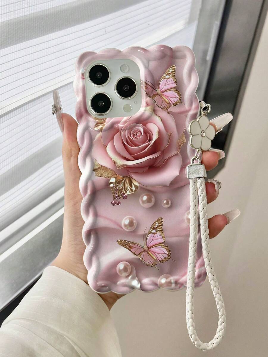 Pasek pleciony z motywem kwiatowym i motylem, malowany, odporny na wstrząsy, kolorowe etui na smycz, kompatybilny z 10, 14, 15, XS, 7/8, XR, 7/8Plus, XS Max, 11, 12, 13, 14 Pro, 14 Pro Max