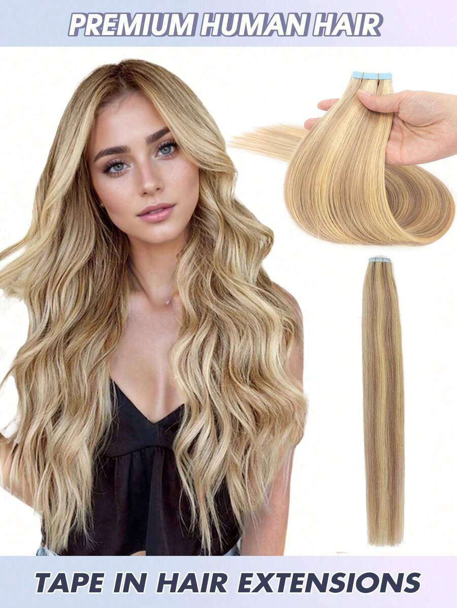 20pcs Tape-In Hair Extensions, 100% Human Hair, Color 18/613, Ash Blonde Highlighted Bleached Blonde, 14-22 Inches, Invisible Tape-In Hair Extensions