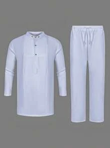2 Pcs/Set White Dashiki Outfits For Men, Unique Button Design, Stylish Shirt With Long Sleeves And Drawstring Trousers, African Menswear For Dates, Street, Party, Weddings, Cultural Occasions, Traditional Ceremonies - 白色 - 查看 2