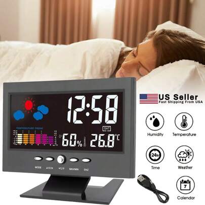 5 In 1 Mutifunctional Digital Desk Alarm Clock,Color Display LCD Screen With Snooze Calendar Thermometer Hygrometer Weather Display,Lightweight,Voice Control, Energy Saving (Black)