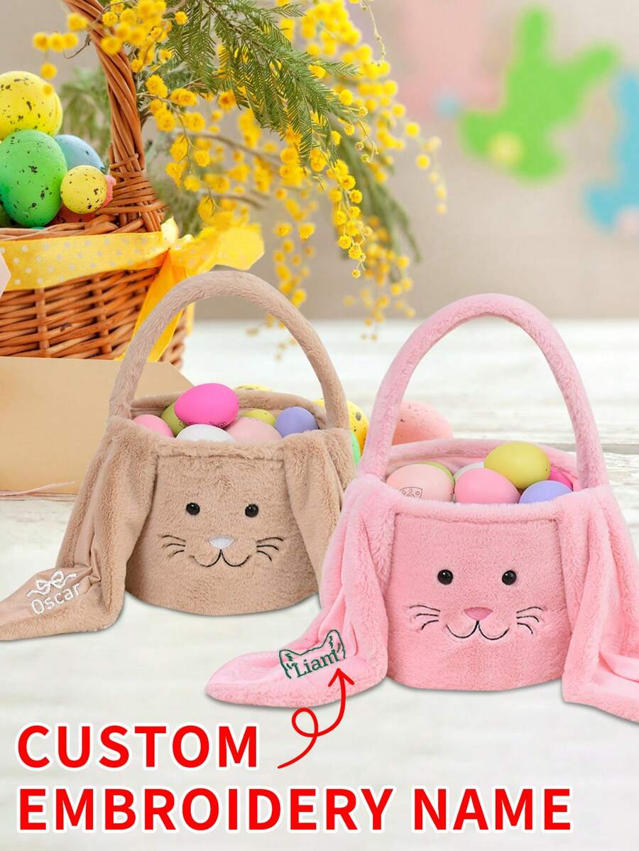 定制名字刺绣复活节篮子，毛绒长耳兔礼品篮，热毛绒兔子桶，毛绒礼品袋，学生手提袋，糖果袋，毛绒袋，复活节彩蛋篮子，可定制刺绣复活节兔子，圆柱形零食袋 - 彩色 - 查看 1