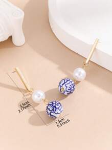 Vintage Neo-Chinese Style Ceramic Printed Earrings, Stainless Steel Imitation Ginger Jar Earrings Suitable For Women's Daily Wear