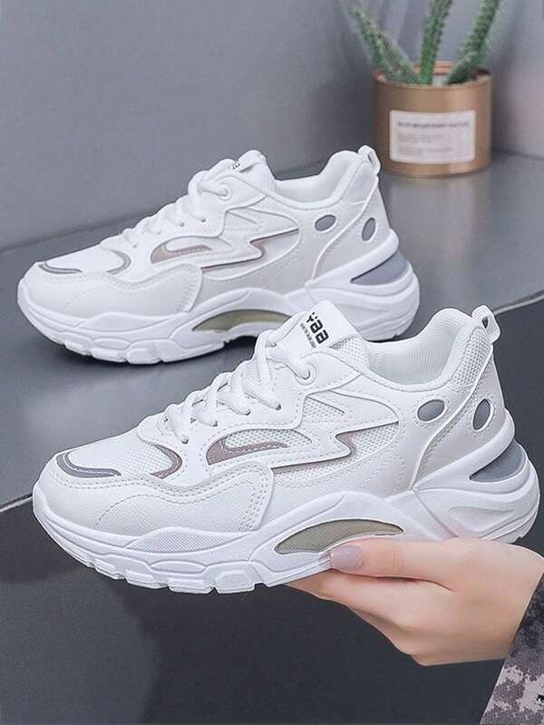 Cómodo y transpirable de malla patchwork de color de moda de las mujeres de fondo grueso zapatos deportivos casuales,punta redonda suela blanda encaje ligero hasta zapatillas de tenis,Cuatro estaciones nuevo zapatillas casual de mujer para hacer deporte, viajar y para el día a día.