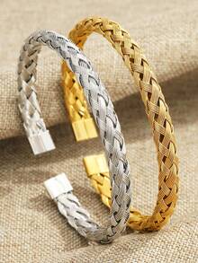 1 pièce Bracelet en acier inoxydable, bracelet tressé large, convient aux hommes et aux femmes pour un port quotidien, une tenue de soirée et en cadeau. - bracelet large tressé - Voir 10