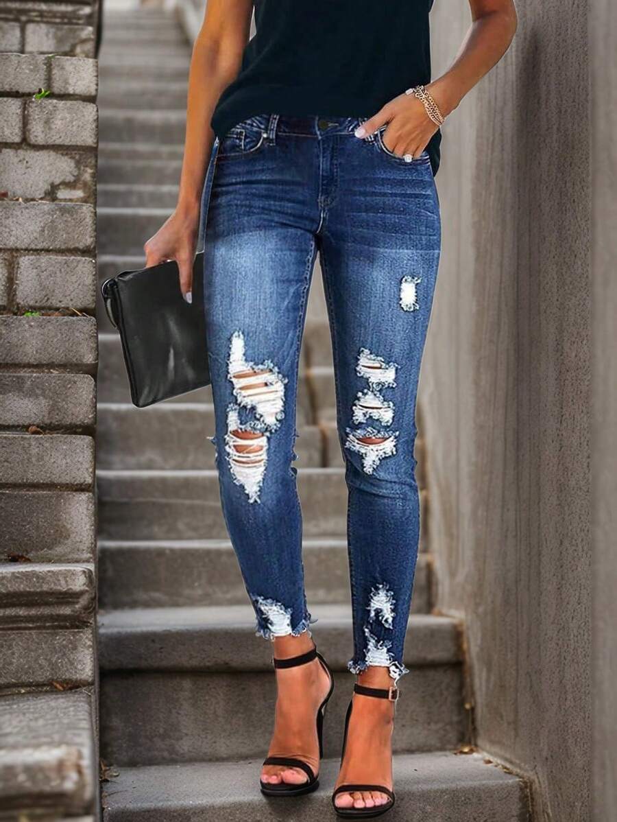 Women's Mid Waisted Skinny Ripped Jeans Slim Fit Distressed Stretchy Denim Pants - Màu xanh lam - Xem 1