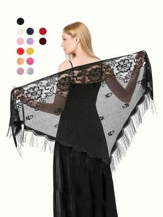 1 pieza Chal triangular de mujer de unicolor con flor de encaje de ganchillo, chal versátil de moda, pañuelo para el sol transpirable para vestido