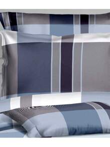 蓝灰格子印花床上用品套件，春秋新品 - 藍灰色+格紋三件組(160*200CM) - 查看 3