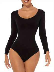 Women's One-Piece Seamless Shapewear, Belly Lift, Hip Lift, Long Sleeves, Large Neckline, Sexy Body Shapewear, Breathable, High-Stretch And Comfortable Briefs - 黑色 - 查看 3
