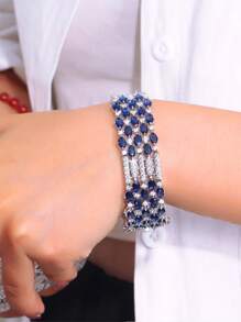 1 件闪亮椭圆形圆形深蓝色方晶锆石大号奢华女士手链，适合婚礼新娘派对订婚独特节日珠宝配饰