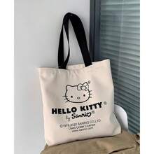 Sanrio 1 pieza/1 pieza/Bolso grande con capacidad de lona con diseño de gatito de dibujos animados, bolso de hombro versátil para ir a la escuela o la oficina