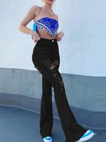 Ripped Raw Hem Flare Leg Jeans,Ladies Button,Pocket,Raw Hem,Ripped,Zipper High Waist Flare Leg Extra Long Black Regular Fit Women Jeans,Spring/Fall,Casual Daily Wear - màu đen - Xem 2