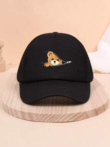 1pc Children Cartoon Bear Printed Baseball Cap, Mesh Breathable Sunshade Fashion Snapback Hat, Suitable For Outdoor Sun Protection, Gift