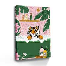 1pc Framed Canvas Wall Art Poster Pop Art Colorful Whimsical Playful Bold Simple Floral Tiger Pink Green. A Tiger Sitting In A Bathtub Surrounded By Flowers Wall Art For Living Room Bedroom Bathroom Kitchen Apartment Hotel, Artful Home Decoration - Framed, Vertical