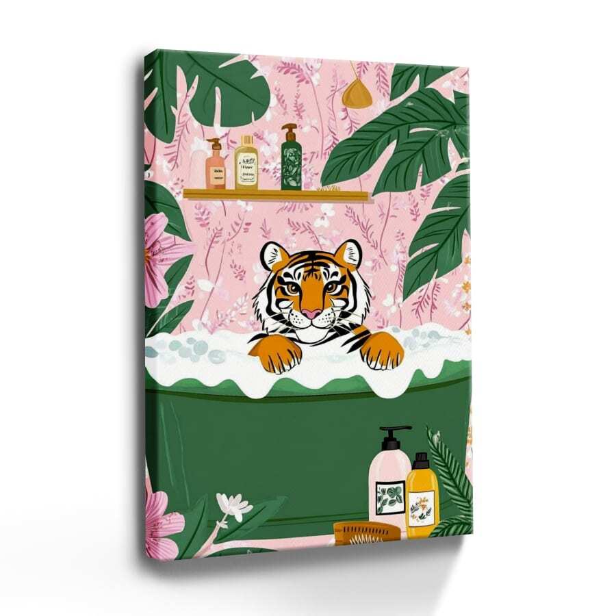 1pc Framed Canvas Wall Art Poster Pop Art Colorful Whimsical Playful Bold Simple Floral Tiger Pink Green. A Tiger Sitting In A Bathtub Surrounded By Flowers Wall Art For Living Room Bedroom Bathroom Kitchen Apartment Hotel, Artful Home Decoration - Framed, Vertical