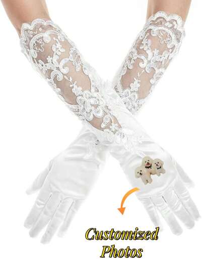 Customized Satin Lace Bridal Gloves; Personalized Image Customization; Personalized Opera Party White Lace Gloves; Enter The Marriage Hall With Your Pet; Wedding Bride Gloves; Any Image Content.