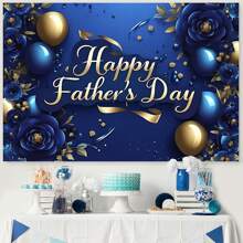1pc Happy Father's Day Background Cloth, Polyester Luxurious Blue Rose & Balloon Design Banner, Suitable For Father's Day, Birthday Party Celebration Decoration, Multi-Size