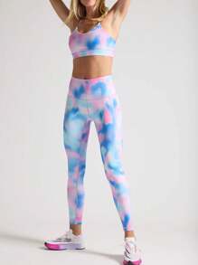 女式高腰蓝色和粉色扎染瑜伽裤，带口袋，透气修身，适合训练和健身，棉花糖数码印花跑步/健身紧身裤，可休闲穿着 - 粉色 - 查看 6