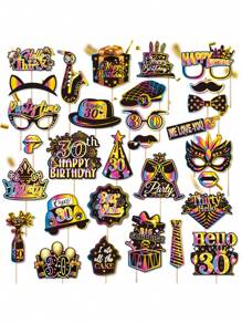 30pcs 30th Birthday Decoration Photo Props, Unisex, Black & Gold Rainbow 30th Happy Birthday Selfie Props Set, With Stick Party Supplies Gift, 30th Birthday Celebration Photo Decoration Props (40th, 50th, 60th, 70th Birthday)