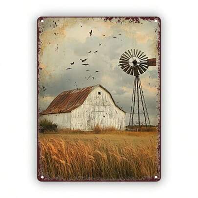 Room Decor 1pc Rustic Farmhouse Decor, Vintage Metal Tin Sign With Barn, Windmill, And Birds, Iron Wall Art For Kitchen And Pub, 7.87x11.81inch