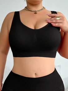 1PC Women Plus Size Solid Double Layers Seamless Sports Bra Comfortable Wire-Free Bra For Yoga And Workout Lingerie(Removable Unfixed Pads) - Black - View 4