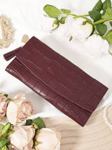 勃艮第包 Charry 红色包 酒红色包，女士时尚长款钱包，多功能三折钱包，带卡槽和拉链袋，时尚鳄鱼纹设计，流苏和心形五金装饰，大容量可容纳纸币、硬币、信用卡，适合送礼、户外、办公和日常使用 - 酒紅色 - 查看 9