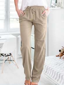 Women Elastic Waist Solid Color Pants High Rise Drawstring Straight Leg Trousers With Pockets Casual Long Trousers - Camel - View 2