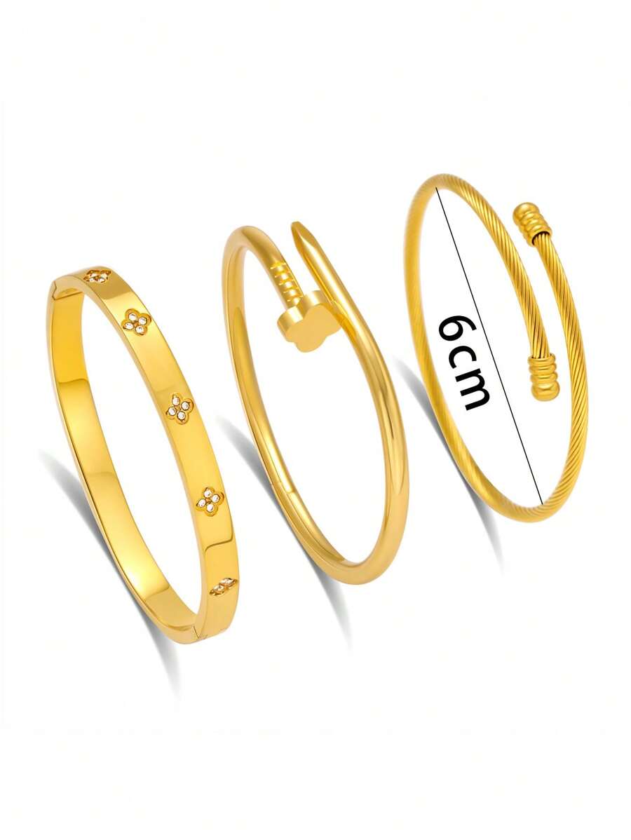 时尚精致的幸运四叶草微方晶锆石不锈钢阳极氧化锆手镯，时尚女士珠宝配饰，适合优雅的日常和派对饰品，理想的情人节礼物 - 金色 - 查看 1