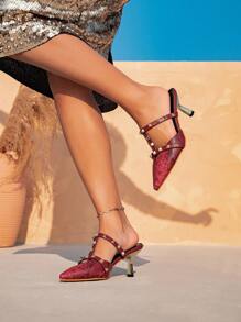 女士高跟鞋 - 酒红色高跟鞋、金属元素性感穆勒鞋、带扣尖头高跟鞋、时尚简约纯色优雅性感蛇皮高跟鞋，适合正装、派对、休闲 - 酒紅色 - 查看 4