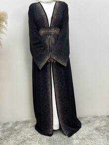 Luxury Diamond Abaya With Belt Dubai Kaftan Robe For Women,Modest - Black - View 7