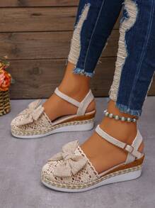 2026 Summer New Women's Beige Linen Mesh Hollow Wedge Thick Bottom Non-Slip Lightweight PU Sole Wrapped Comfortable Linen Lining Fashion Round Toe Cute Increase Height Shoes - Rice Bow - View 5