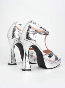Elegant Party Women's Silver Thick-Soled High Heel Wedge Sandals With Waterproof Platform, Open Toe, Ankle Strap T-Strap Design