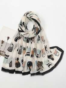 1 件女式波西米亚风格流苏猫印花围巾披肩