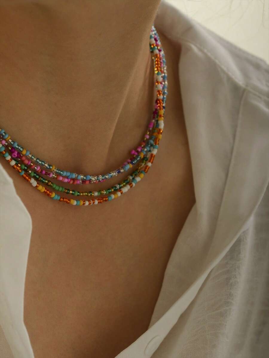 4 件多层米珠项链，多彩甜美简约多层项链首饰