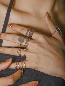 10pcs Set Gold-Tone Minimalist Metal Alloy Heart & Geometric Pattern Open Ring - 10-piece Ring Set - View 12