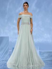 DELLA COUTURE Off The Neck Floor Length Evening Dress For Wedding Celebrations, Banquets And Parties. Its Floor Length Design Makes It A Great Choice For Women Summer Dresses, Wedding Guest Dress, Which Is An Exquisite Formal Dress For Women, Party Dress, For Cocktail - Light Green - View 5