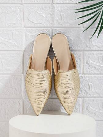 2025 Autumn Women Gold Pointy Toe Slide Sandals, Wrinkled Flat Slip On Closed Toe Mules, Summer