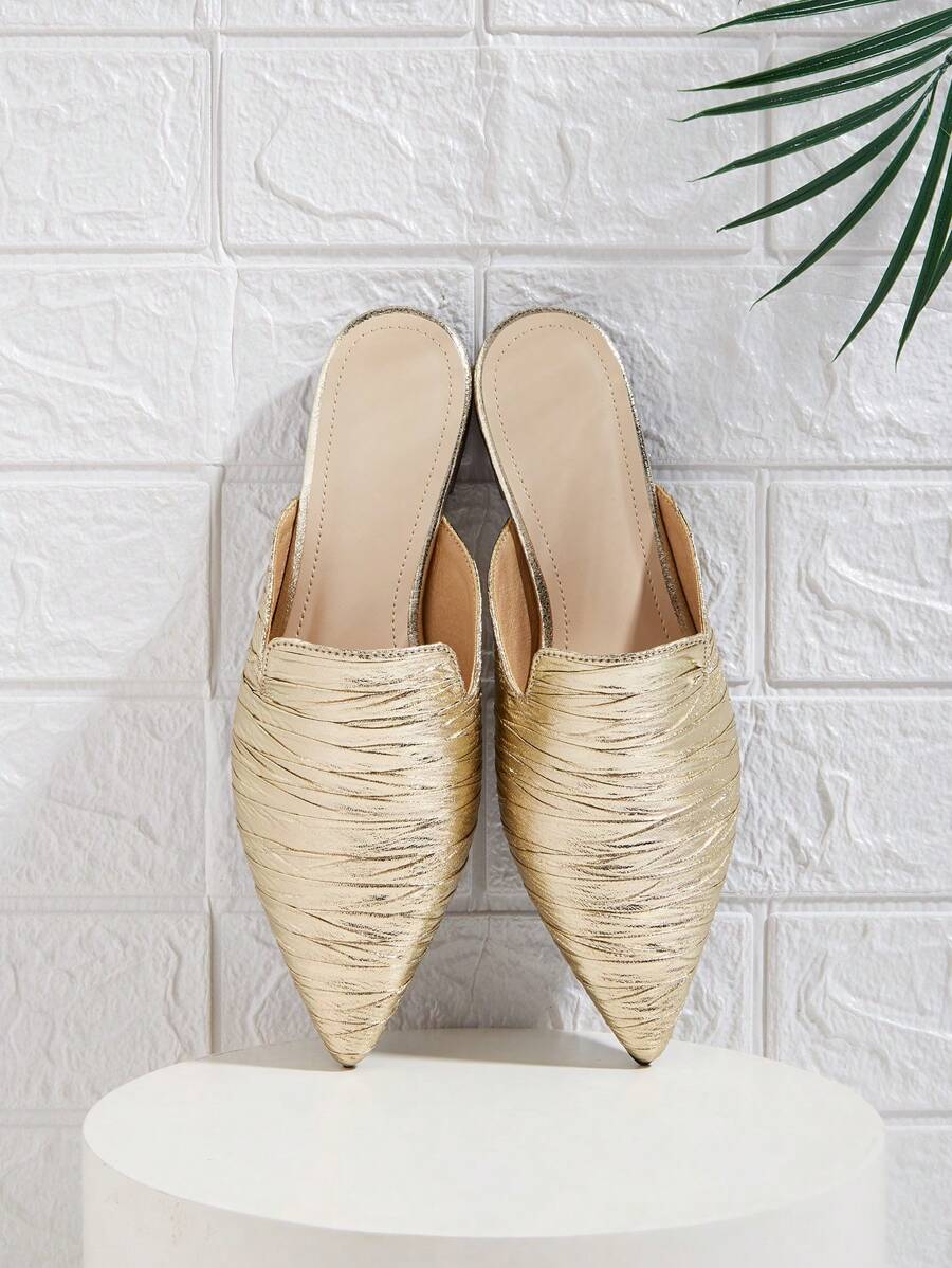 2025 Autumn Women Gold Pointy Toe Slide Sandals, Wrinkled Flat Slip On Closed Toe Mules, Summer - Gold - View 1