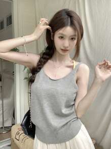 女士夏季露背无袖短款上衣针织吊带背心 - 灰色 - 查看 6